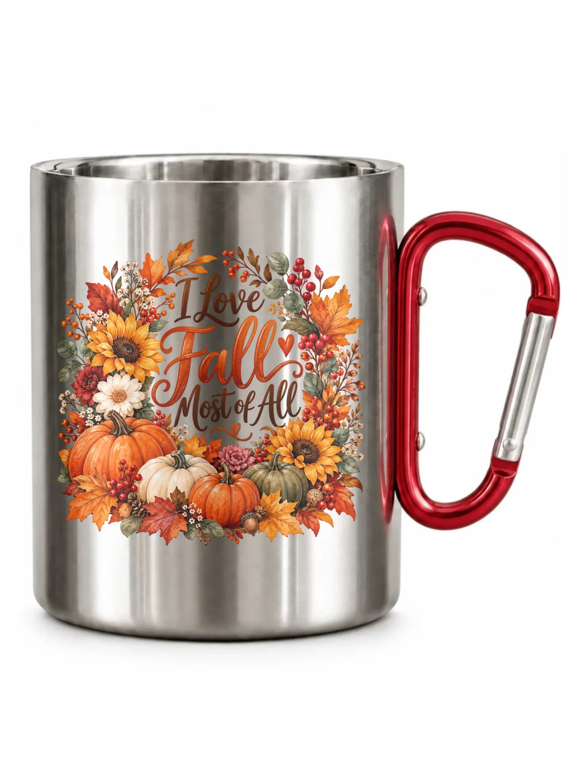 Srebrny kubek turystyczny z karabińczykiem na jesień - I Love Fall Most of All