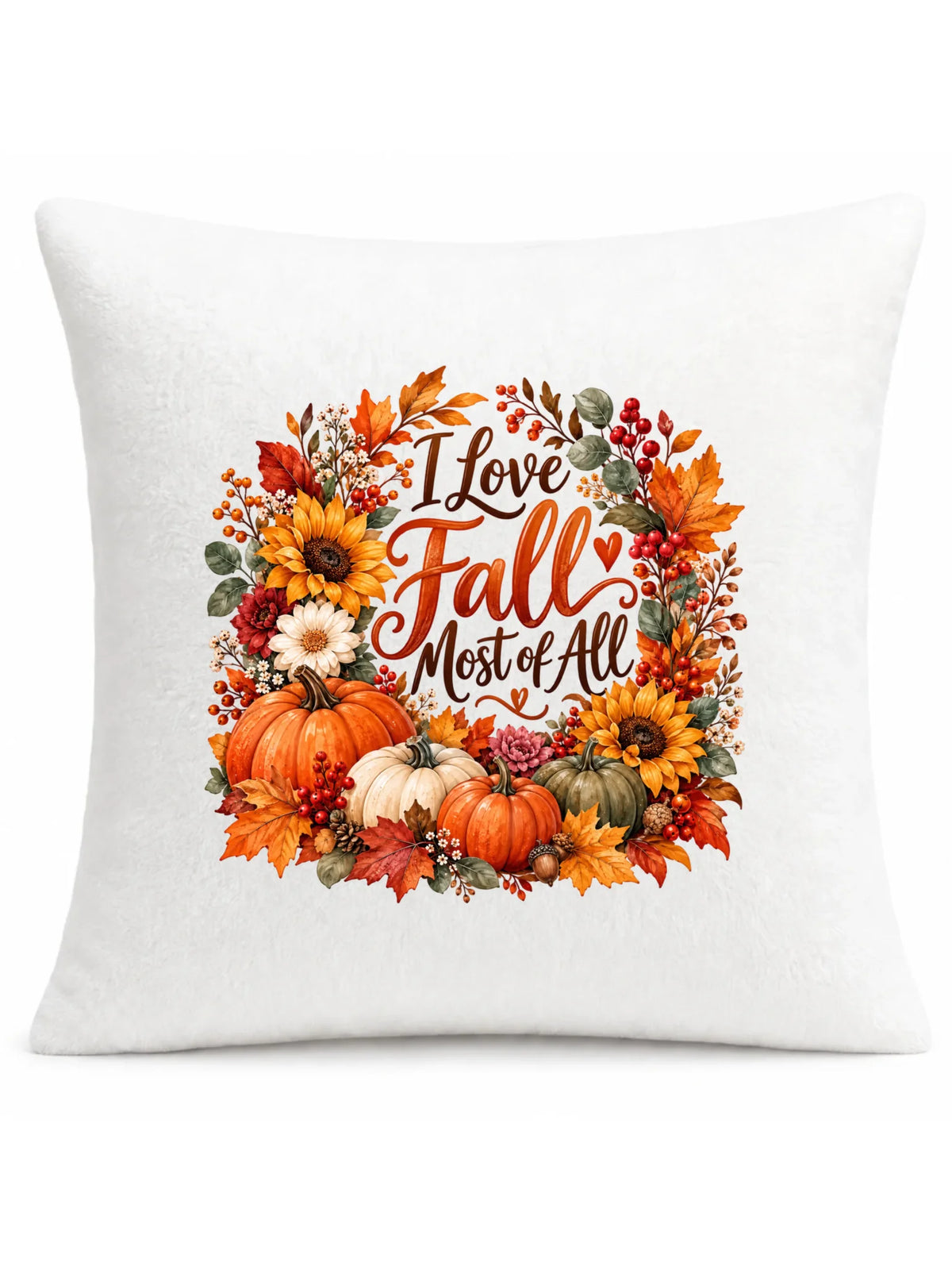 Biała poduszka pluszowa na jesień - I Love Fall Most of All
