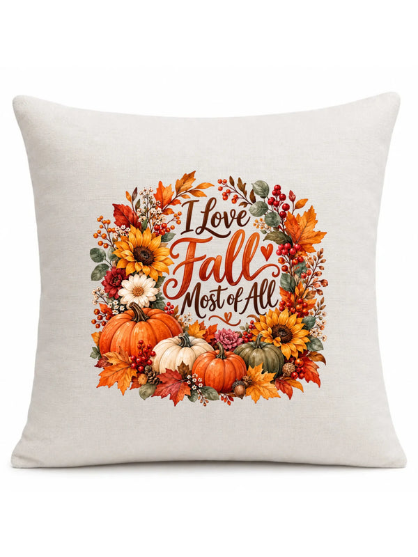 Beżowa poduszka lniana na pierwszy dzień jesieni - I Love Fall Most of All