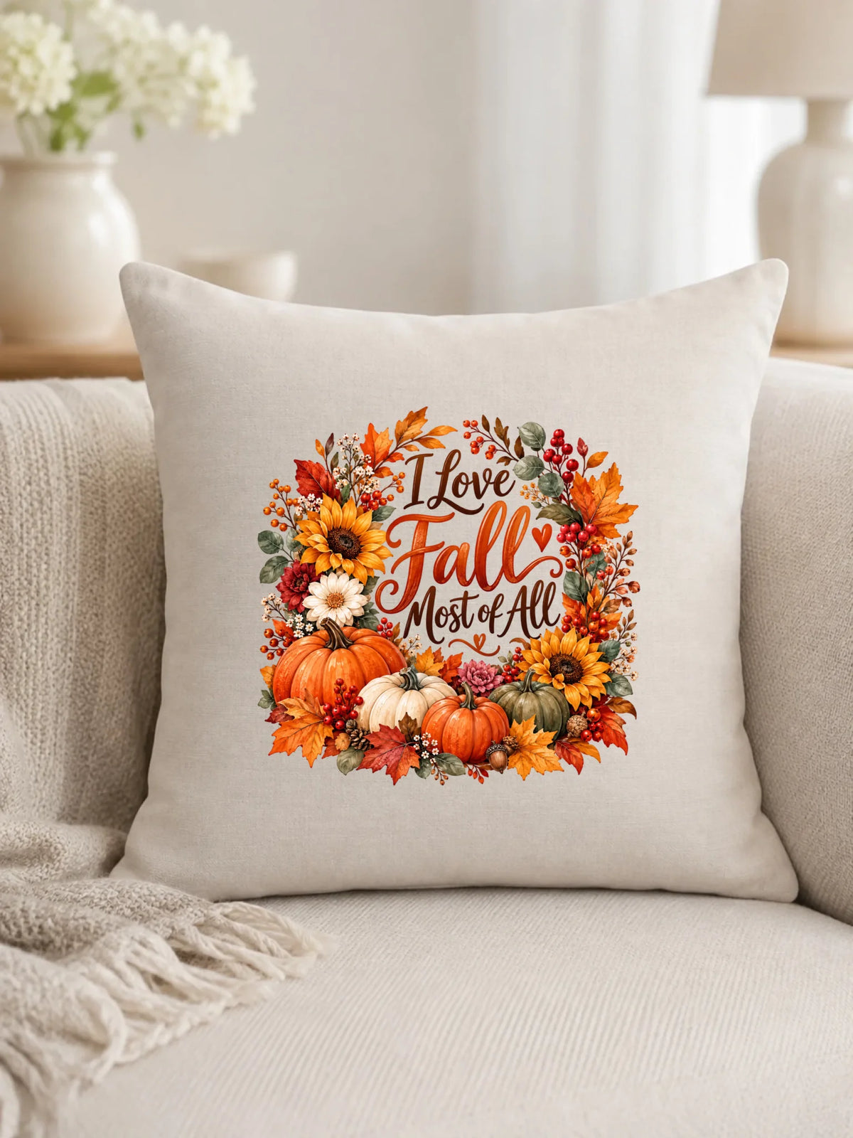 Prezent na pierwszy dzień jesieni beżowa poduszka lniana z nadrukiem - I Love Fall Most of All