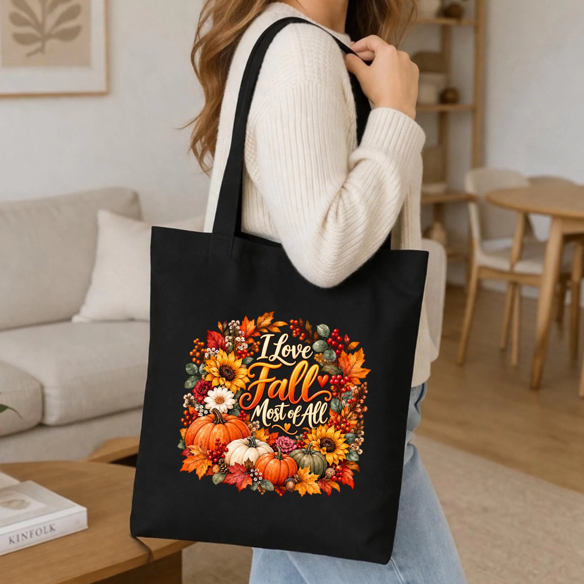 Prezent na jesień czarna torba z nadrukiem - I Love Fall Most of All