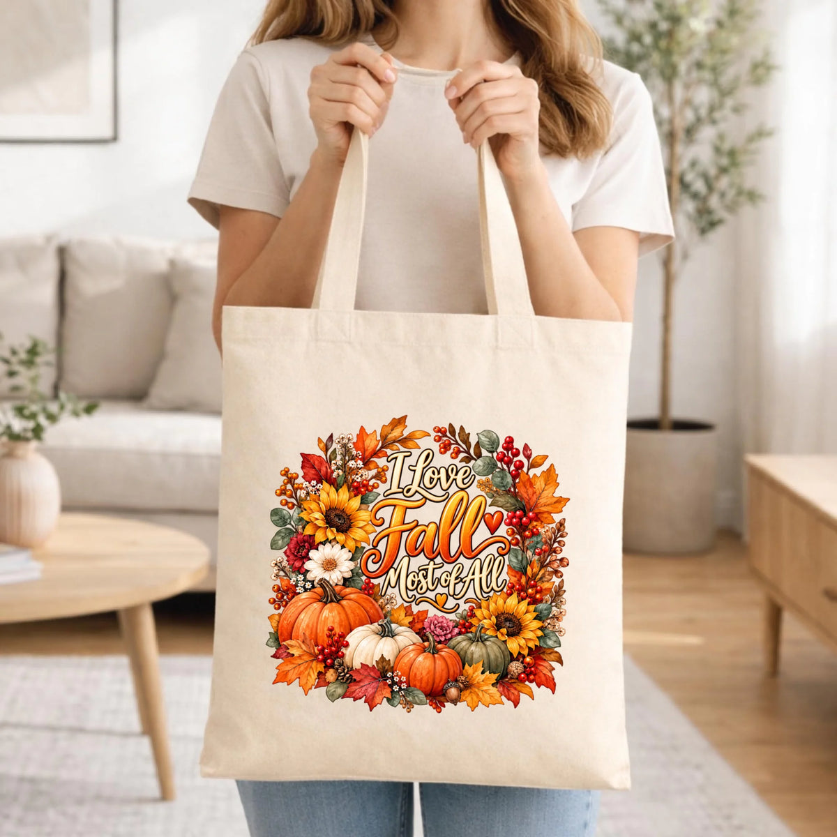 Prezent na pierwszy dzień jesieni torba w kolorze naturalnym z nadrukiem - I Love Fall Most of All