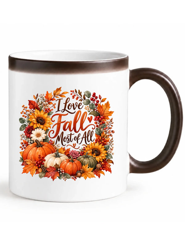 Biały kubek magiczny z widocznym nadrukiem na jesień - I Love Fall Most of All