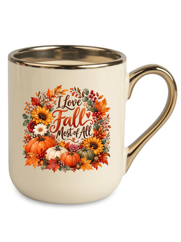 Kremowy kubek elegant ze złotym rantem na pierwszy dzień jesieni - I Love Fall Most of All
