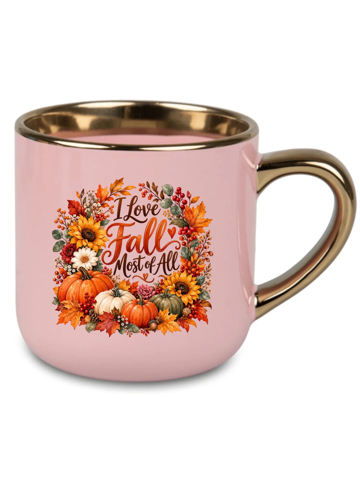 Różowy kubek ze złotym rantem na pierwszy dzień jesieni - I Love Fall Most of All