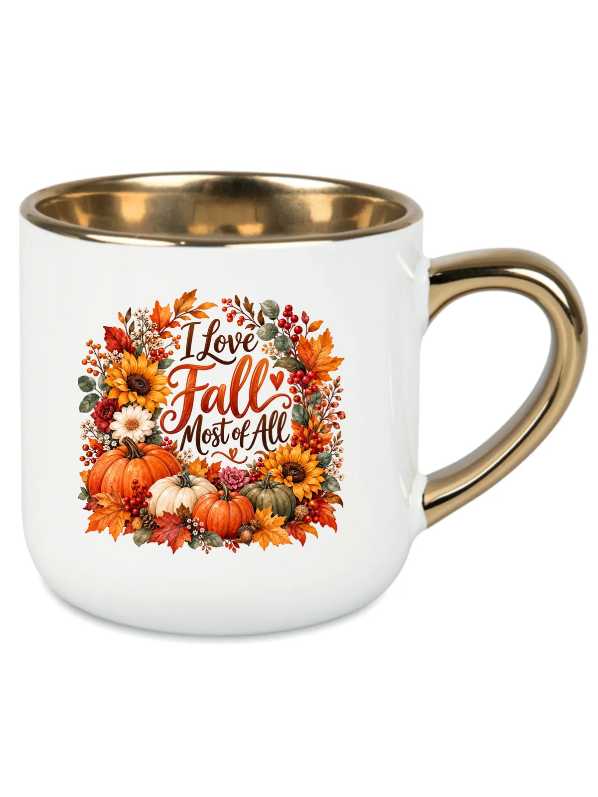 Biały kubek ze złotym rantem na pierwszy dzień jesieni - I Love Fall Most of All