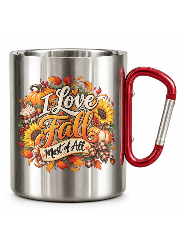 Srebrny kubek turystyczny z karabińczykiem na jesień - I Love Fall Most of All II