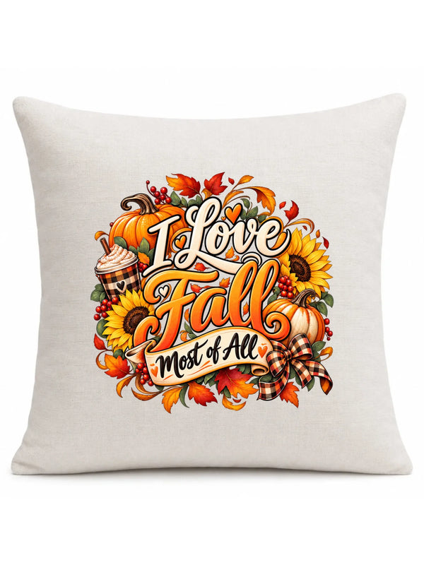 Beżowa poduszka lniana na pierwszy dzień jesieni - I Love Fall Most of All II