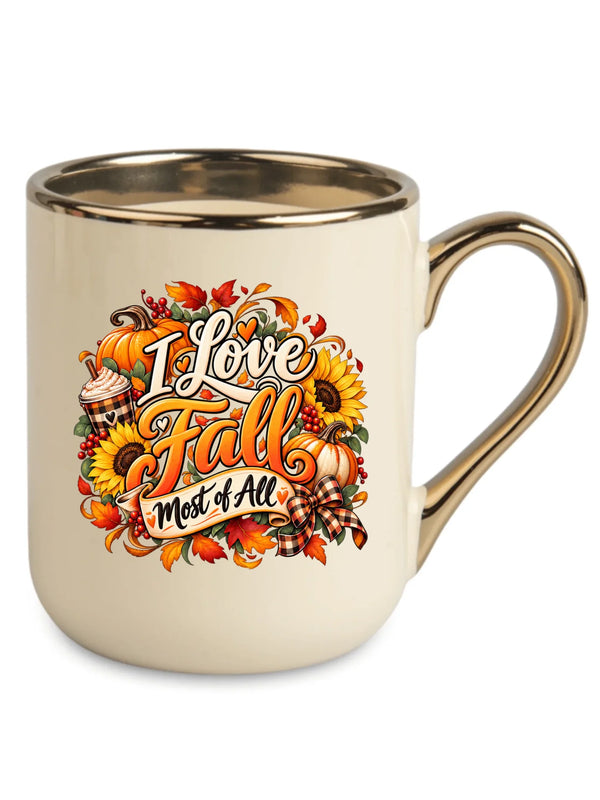 Kremowy kubek elegant ze złotym rantem na pierwszy dzień jesieni - I Love Fall Most of All II