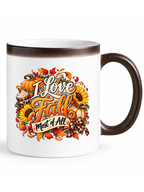 Biały kubek magiczny z widocznym nadrukiem na jesień - I Love Fall Most of All II