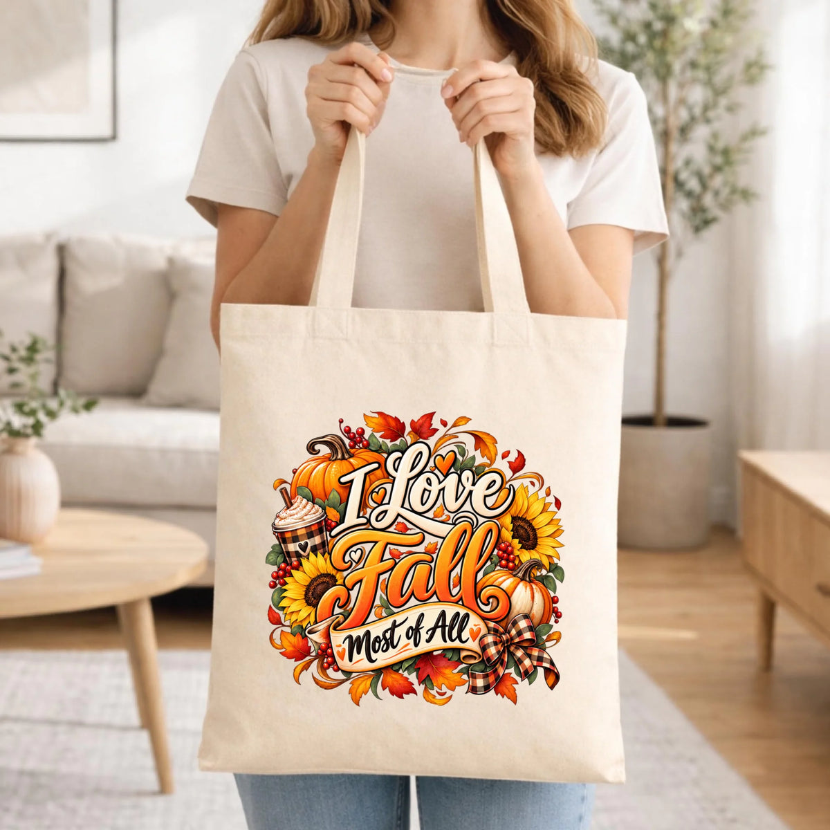 Prezent na pierwszy dzień jesieni torba w kolorze naturalnym z nadrukiem - I Love Fall Most of All II