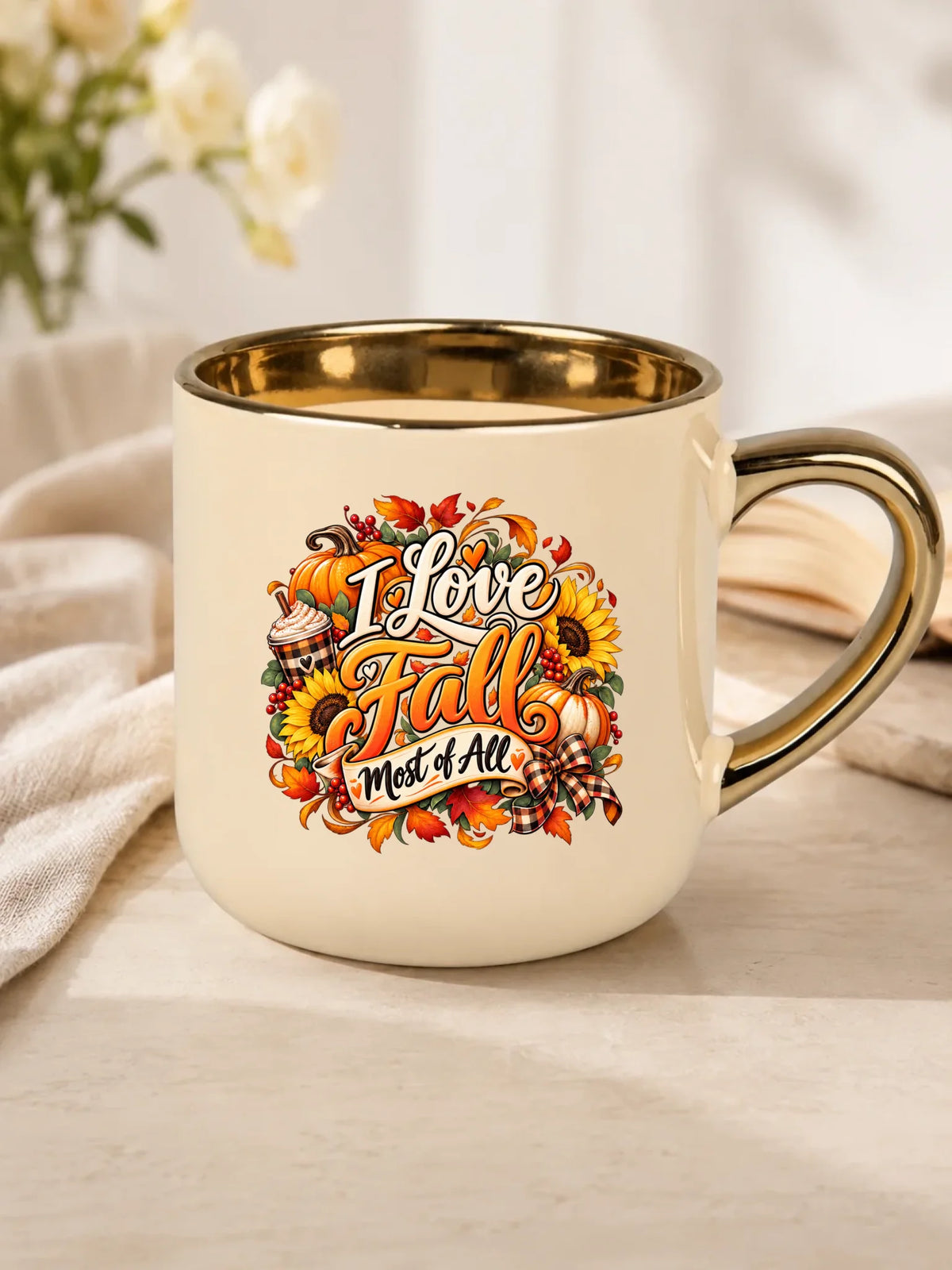Prezent na jesień kremowy kubek ze złotym rantem z nadrukiem - I Love Fall Most of All II
