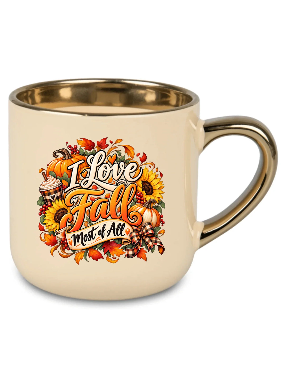 Kremowy kubek ze złotym rantem na jesień - I Love Fall Most of All II