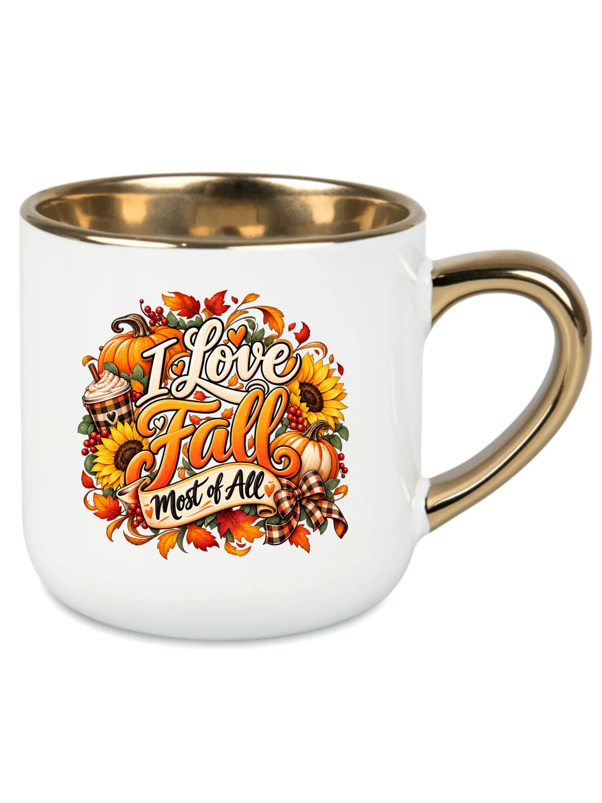 Biały kubek ze złotym rantem na pierwszy dzień jesieni - I Love Fall Most of All II