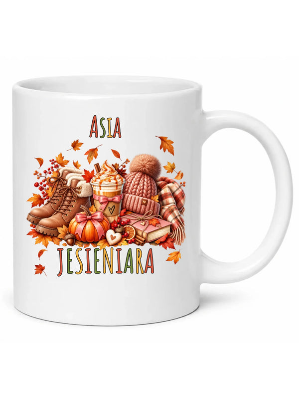 Biały kubek na jesień z imieniem - Jesieniara
