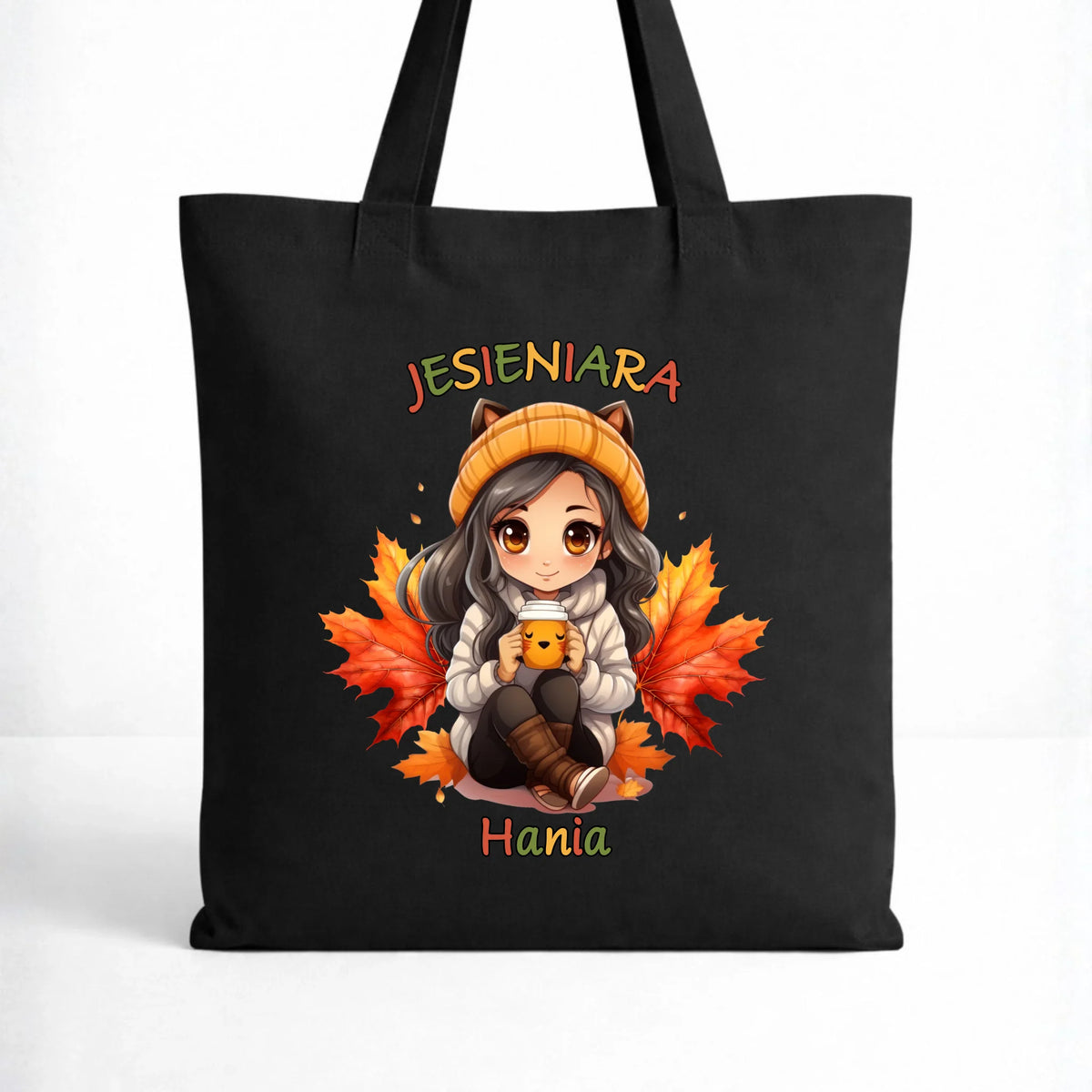 Czarna torba na jesień z imieniem - Jesieniara z kawą