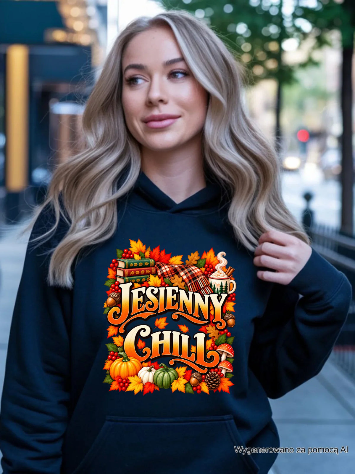 Prezent na pierwszy dzień jesieni czarna bluza damska z kapturem z nadrukiem - Jesienny Chill