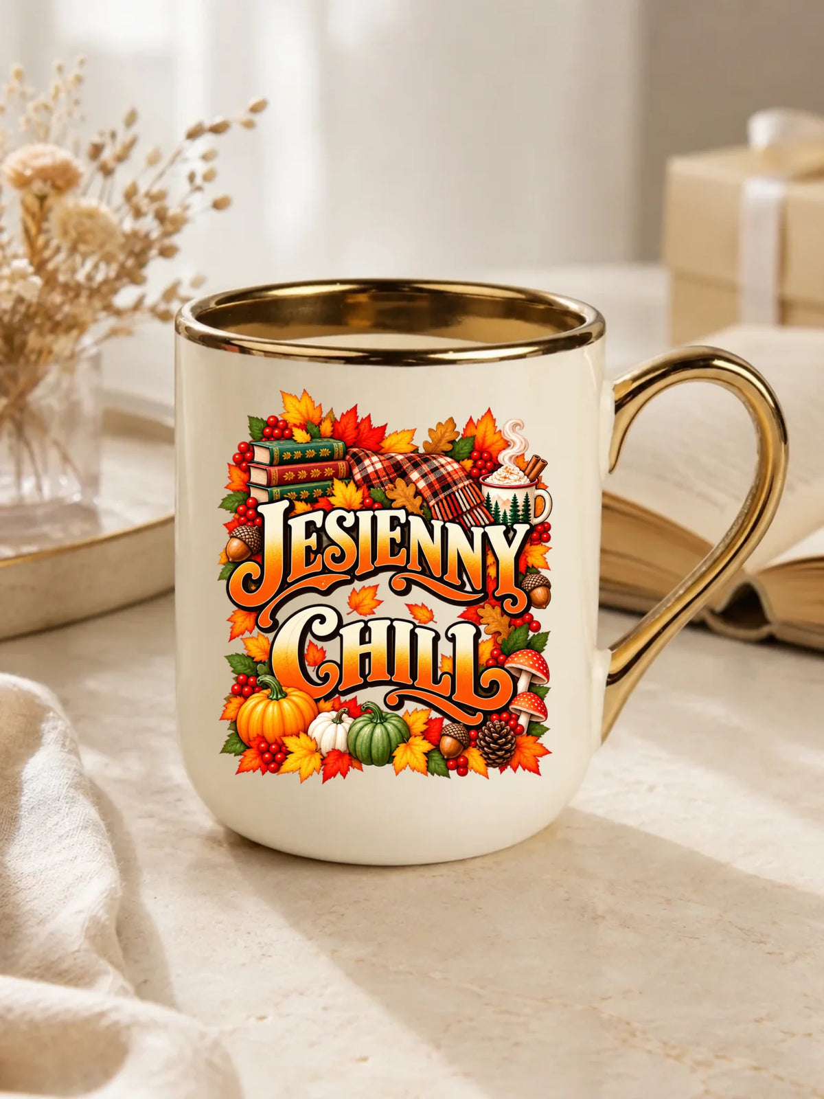 Prezent na pierwszy dzień jesieni kremowy kubek elegant ze złotym rantem i uchem z nadrukiem - Jesienny Chill