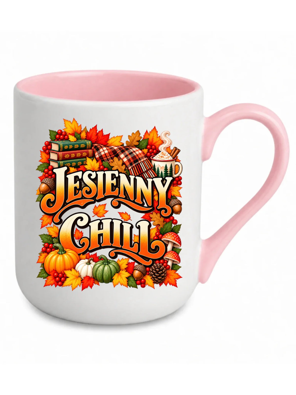 Biały kubek elegant z różowym środkiem na jesień - Jesienny Chill