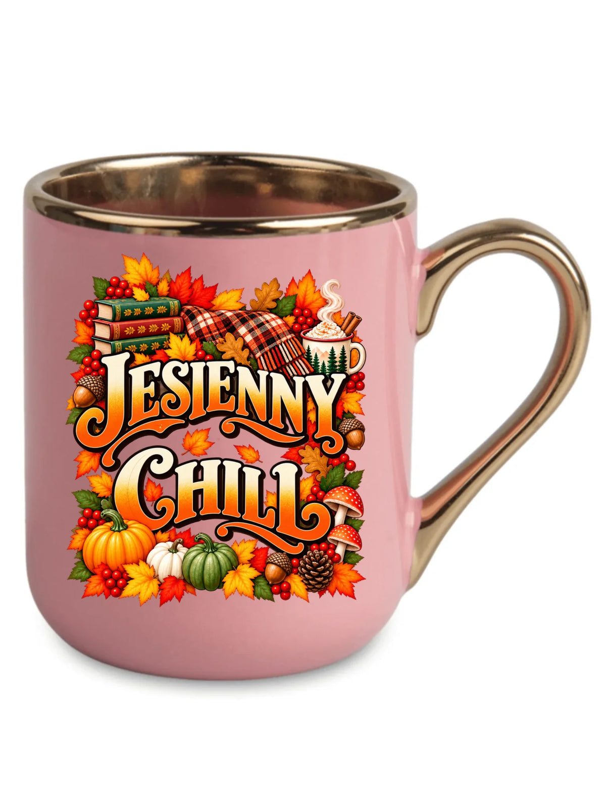 Różowy kubek elegant ze złotym rantem na jesień - Jesienny Chill