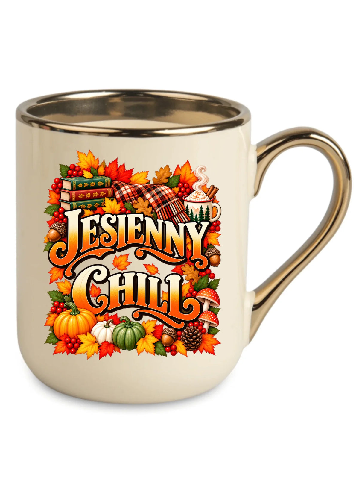 Kremowy kubek elegant ze złotym rantem na jesień - Jesienny Chill