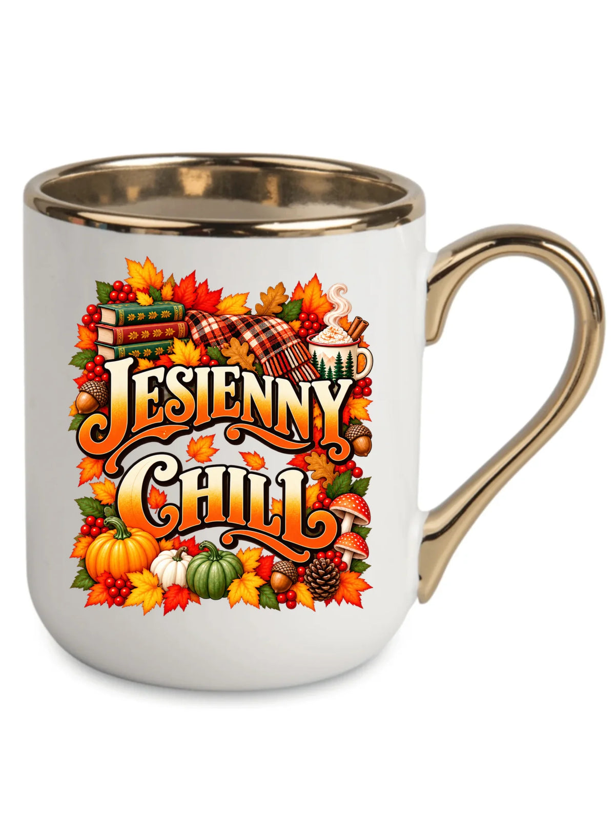 Biały kubek elegant ze złotym rantem na pierwszy dzień jesieni - Jesienny Chill
