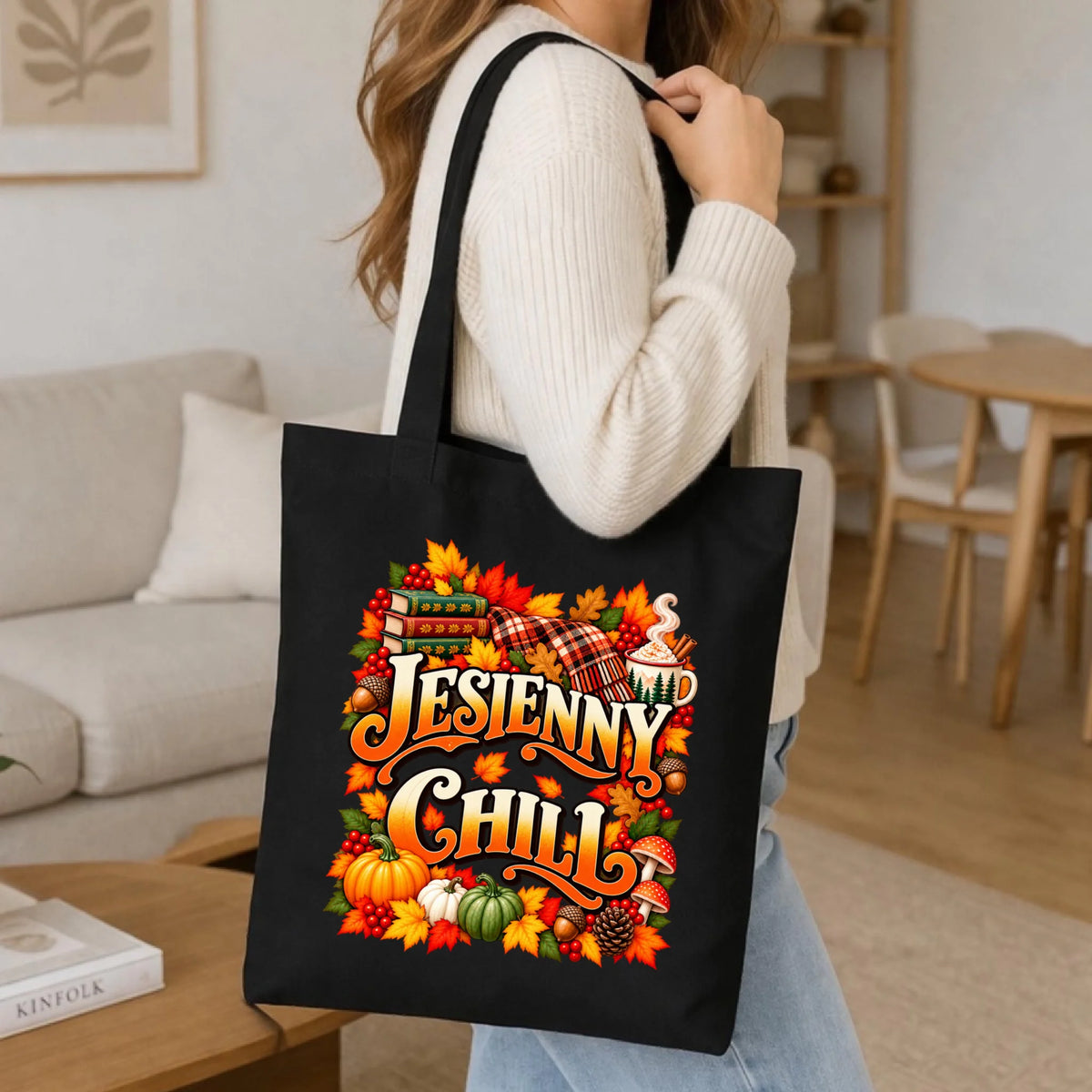 Prezent na pierwszy dzień jesieni czarna torba z nadrukiem - Jesienny Chill