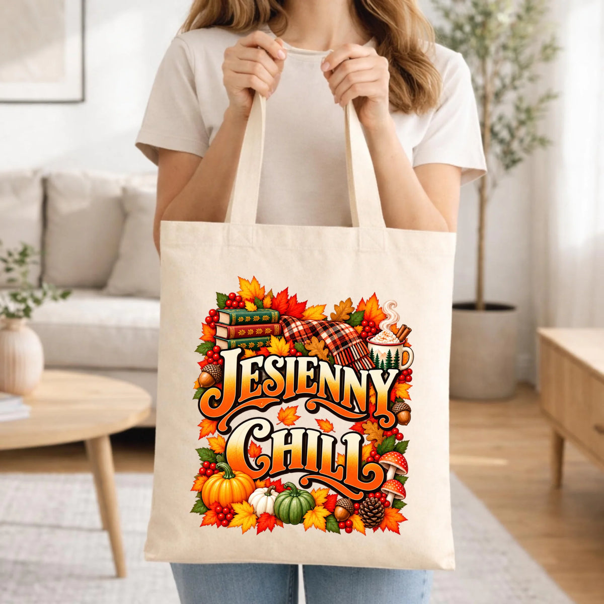 Prezent na jesień torba w kolorze naturalnym z nadrukiem - Jesienny Chill