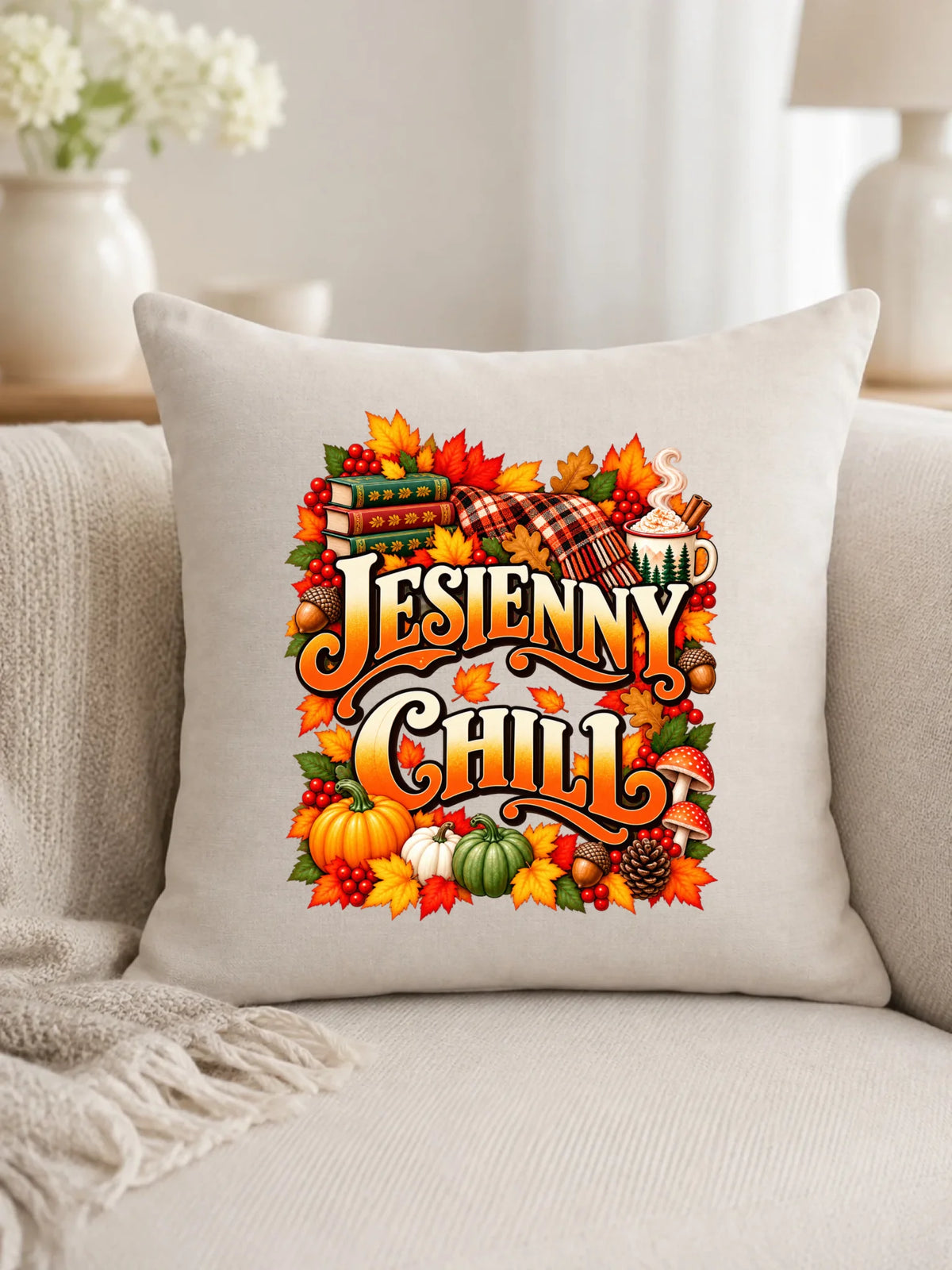 Prezent na pierwszy dzień jesieni beżowa poduszka lniana z nadrukiem - Jesienny Chill
