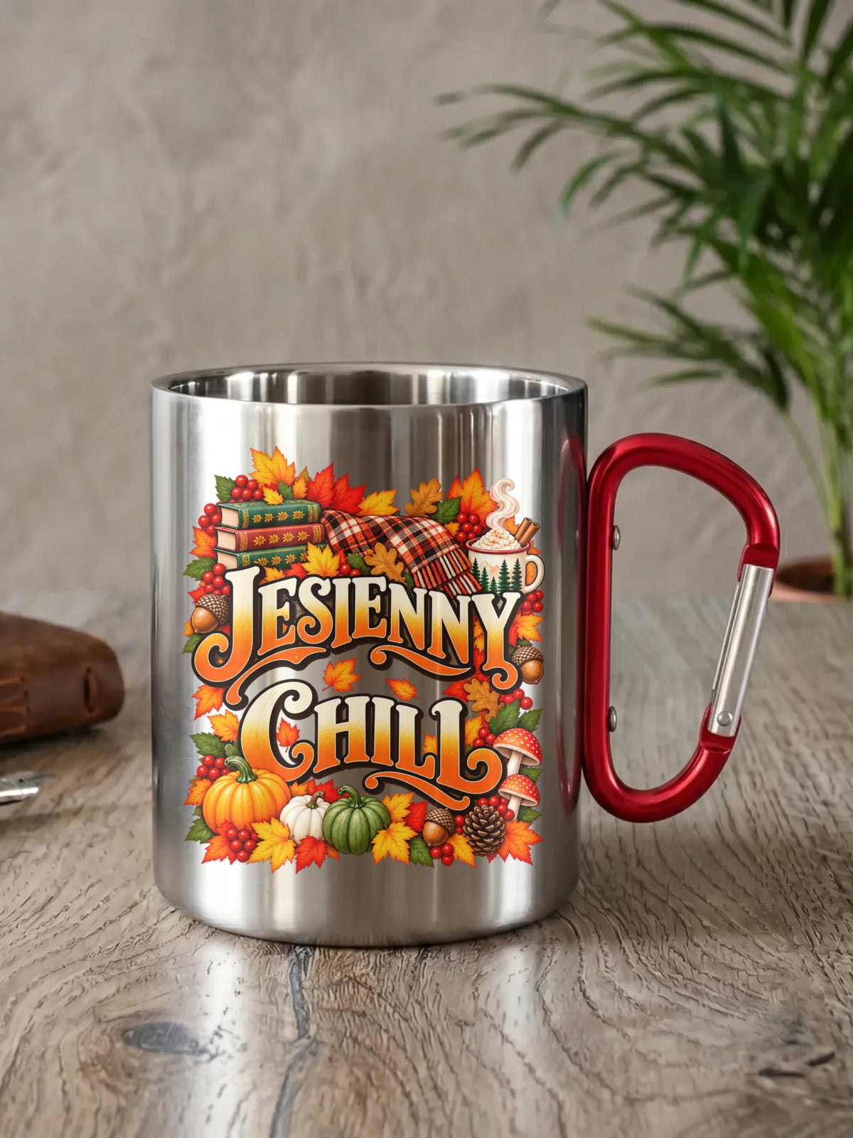 Prezent na jesień srebrny kubek turystyczny z karabińczykiem z nadrukiem - Jesienny Chill