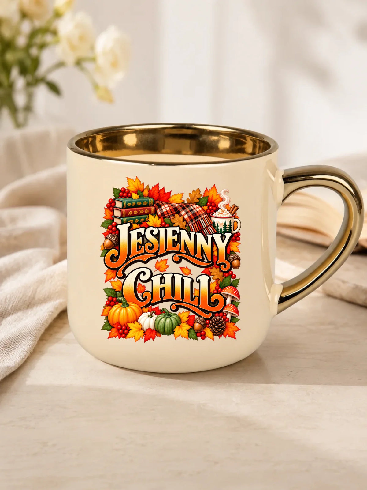 Prezent na jesień kremowy kubek ze złotym rantem z nadrukiem - Jesienny Chill
