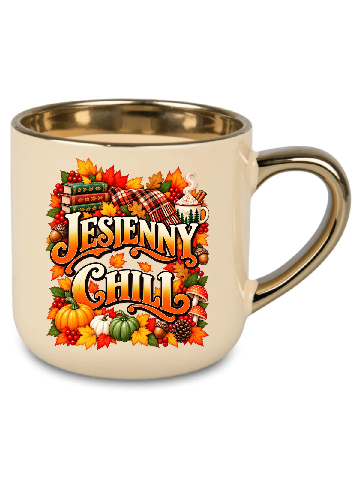 Kremowy kubek ze złotym rantem na jesień - Jesienny Chill