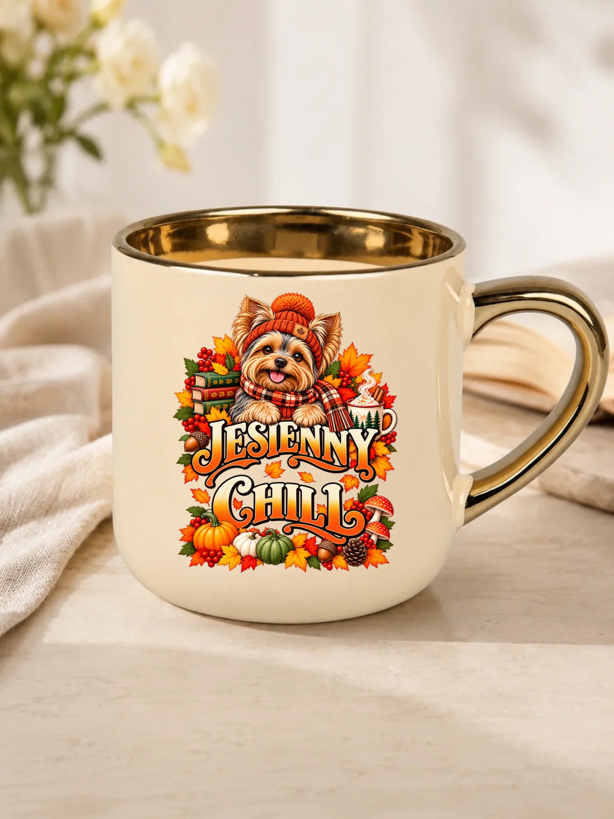 Kubek ze złotym rantem i Yorkiem - Jesienny Chill