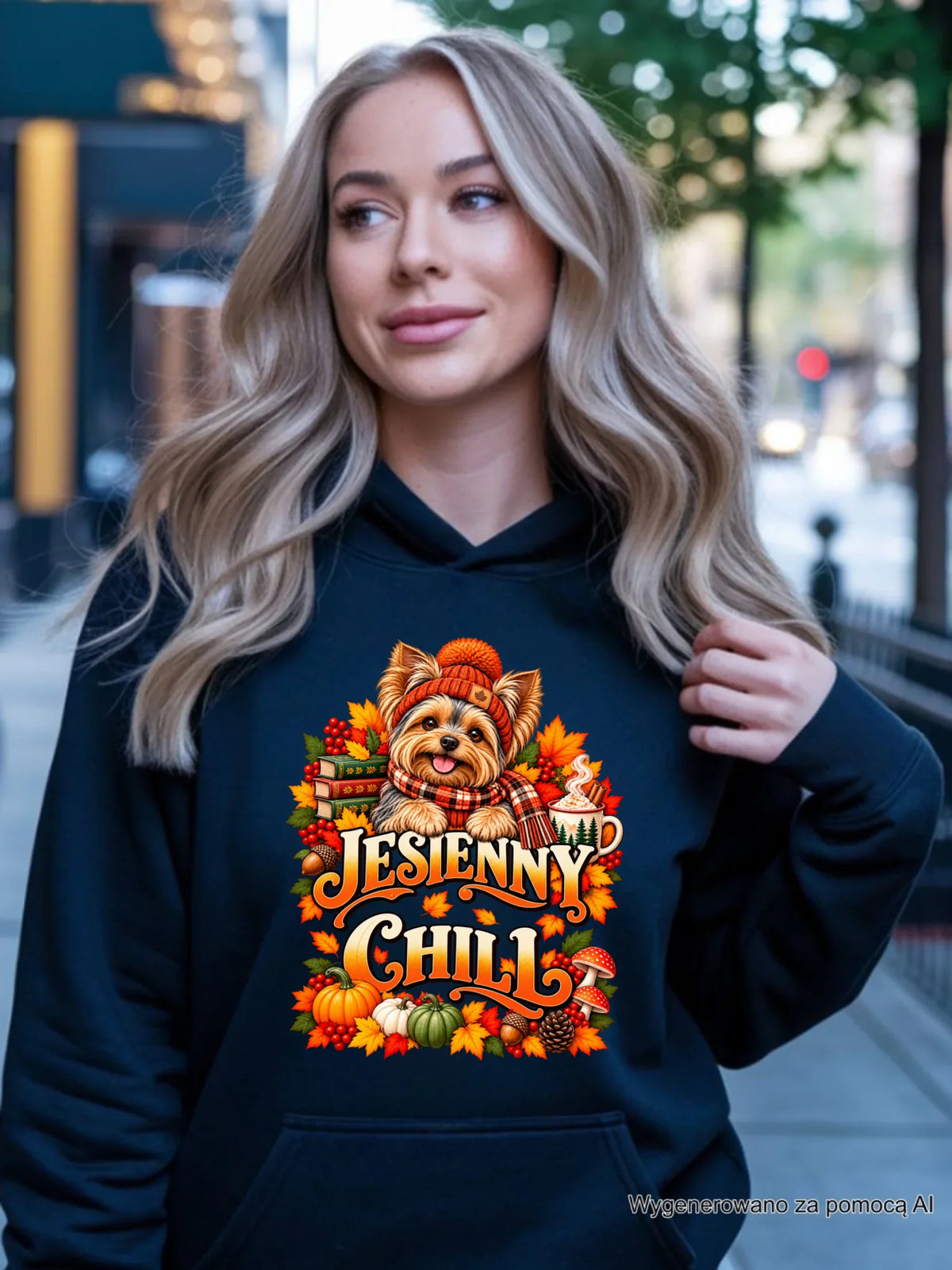 Prezent na jesień czarna bluza damska z kapturem z nadrukiem - Jesienny Chill z Yorkiem