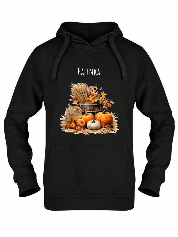 Czarna bluza damska z kapturem na jesień z imieniem - Harvest Vibes