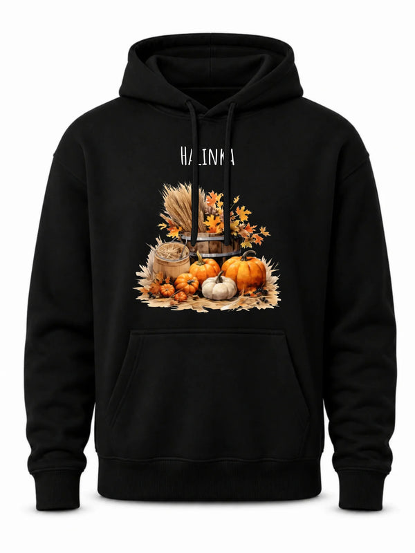 Czarna bluza męska z kapturem na jesień z imieniem - Harvest Vibes