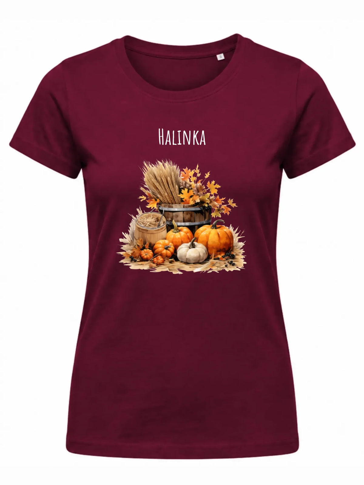 Burgundowa koszulka damska na pierwszy dzień jesieni z imieniem - Harvest Vibes