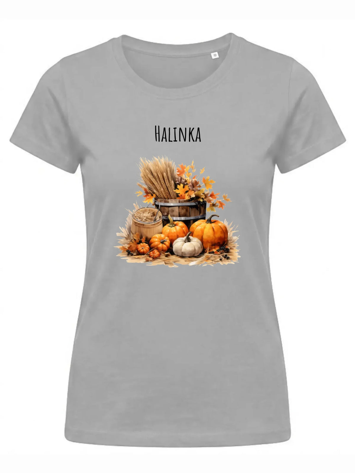 Szara koszulka damska na pierwszy dzień jesieni z imieniem - Harvest Vibes