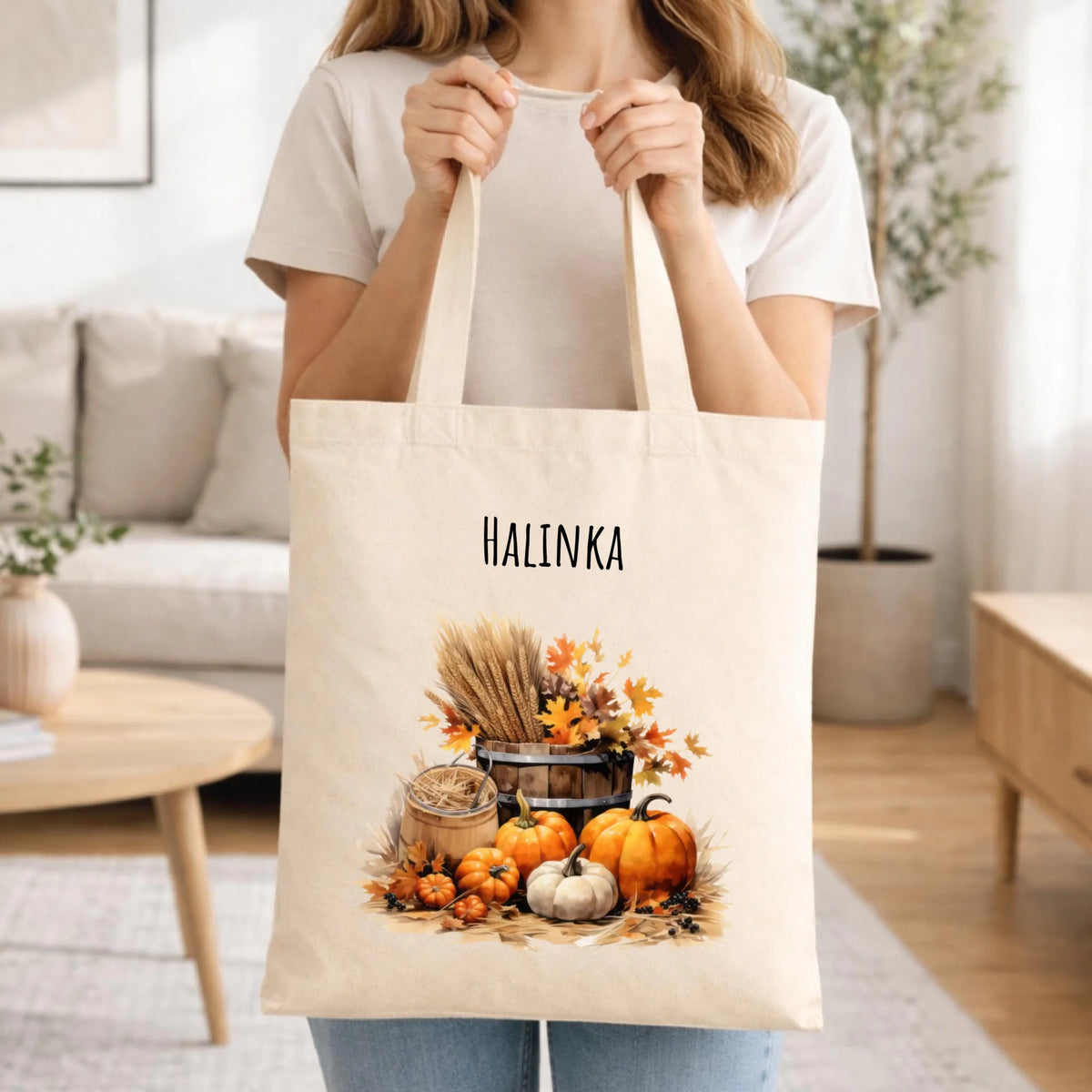 Prezent na pierwszy dzień jesieni torba w kolorze naturalnym z imieniem z nadrukiem - Harvest Vibes