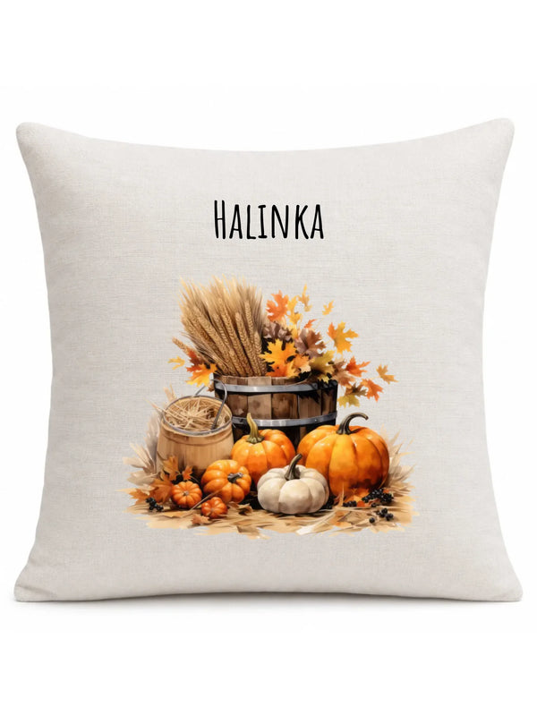 Beżowa poduszka lniana na pierwszy dzień jesieni z imieniem - Harvest Vibes