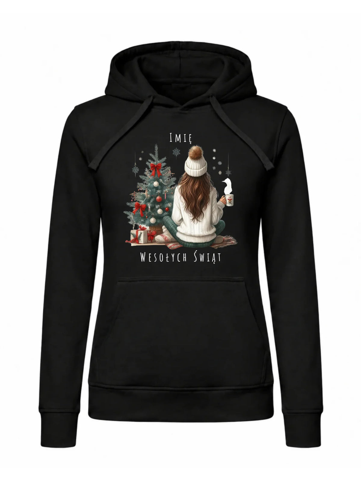 Bluza damska z kapturem świąteczna - Dziewczyna przy choince - personalizowana BN15