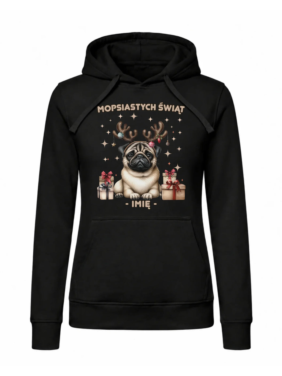 Bluza damska z kapturem świąteczna - Mops Mopsiastych świąt - personalizowana BN91