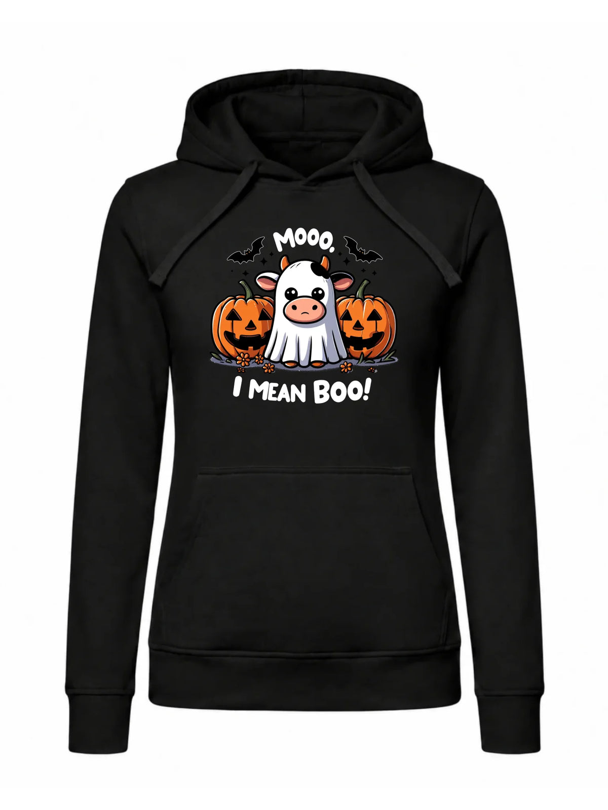 Bluza damska z kapturem na Halloween - Mooo I mean Boo! - z dynią i duchem HL14