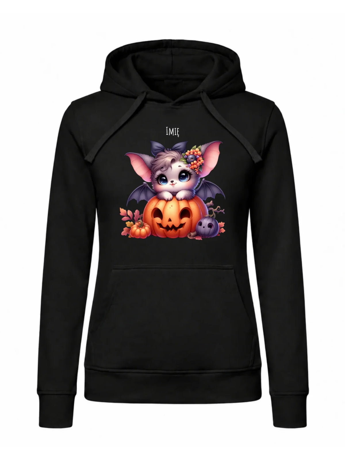 Bluza damska z kapturem halloweenowa - Uroczy nietoperz z dynią - personalizowana HL08