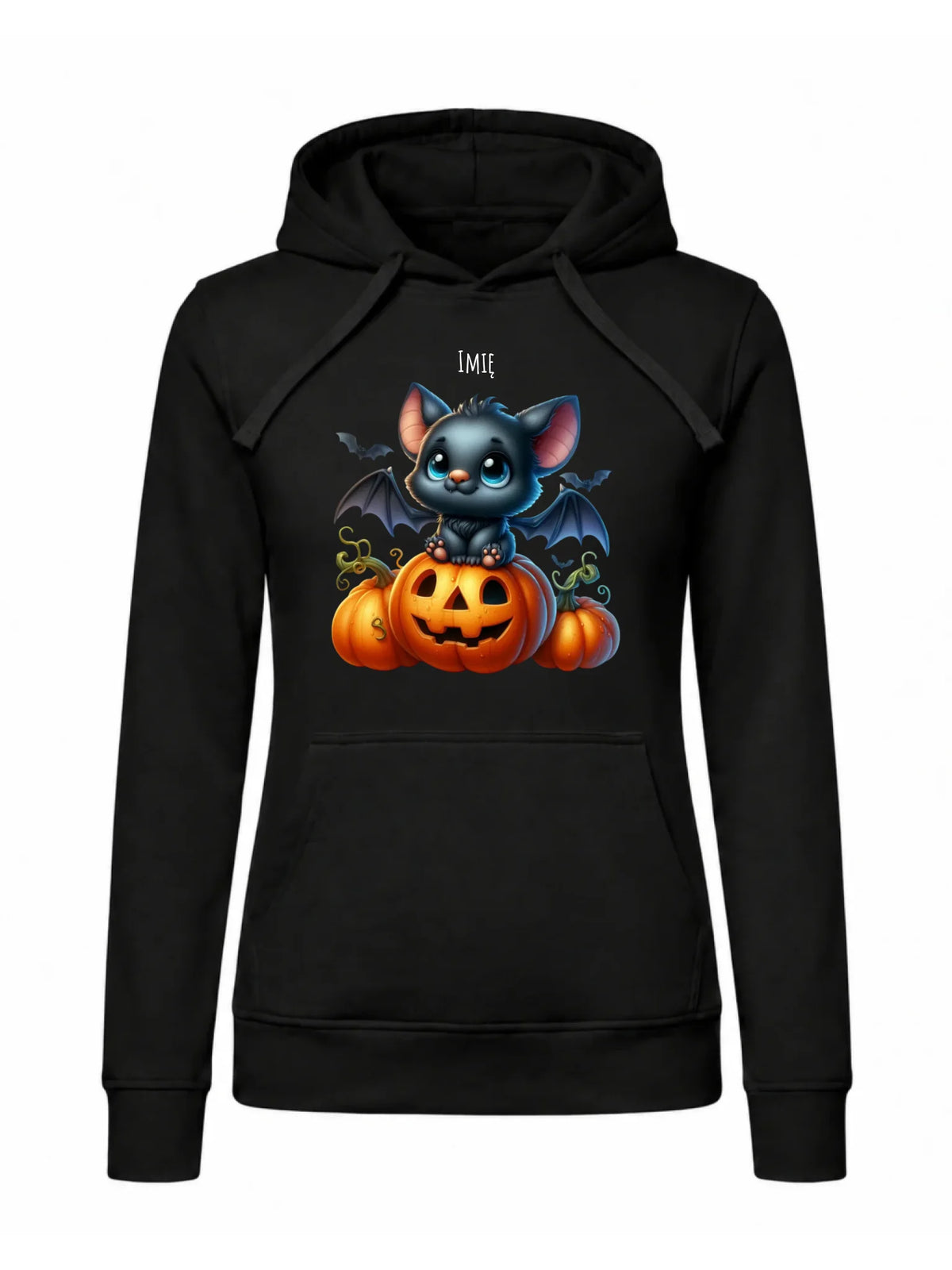 Bluza damska z kapturem halloweenowa - Słodki nietoperz z dynią - personalizowana HL09
