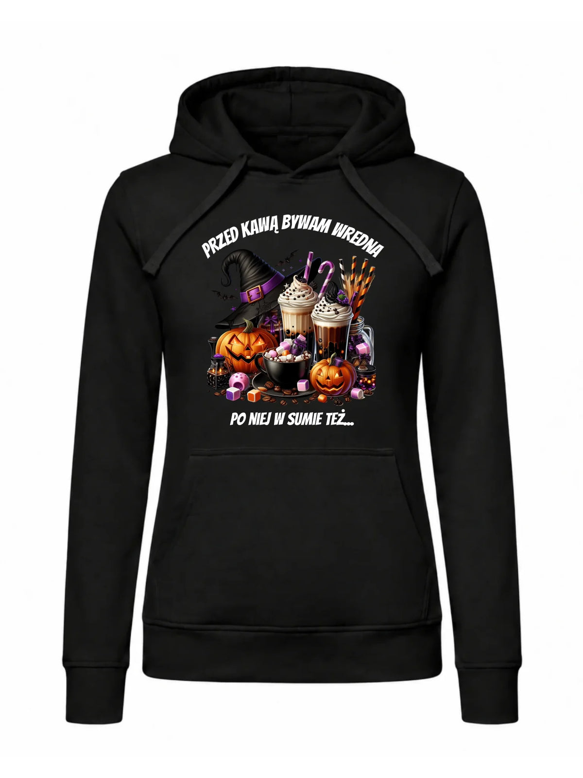 Bluza damska z kapturem Halloween – Przed kawą bywam wredna, po niej w sumie też HL30