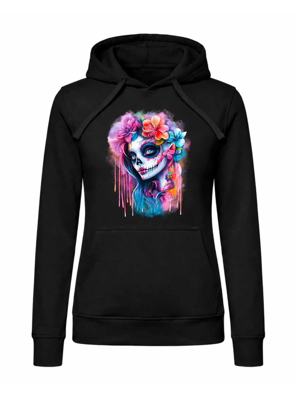 Bluza damska z kapturem Halloween - kolorowa czaszka z kwiatami La Muerte HL05