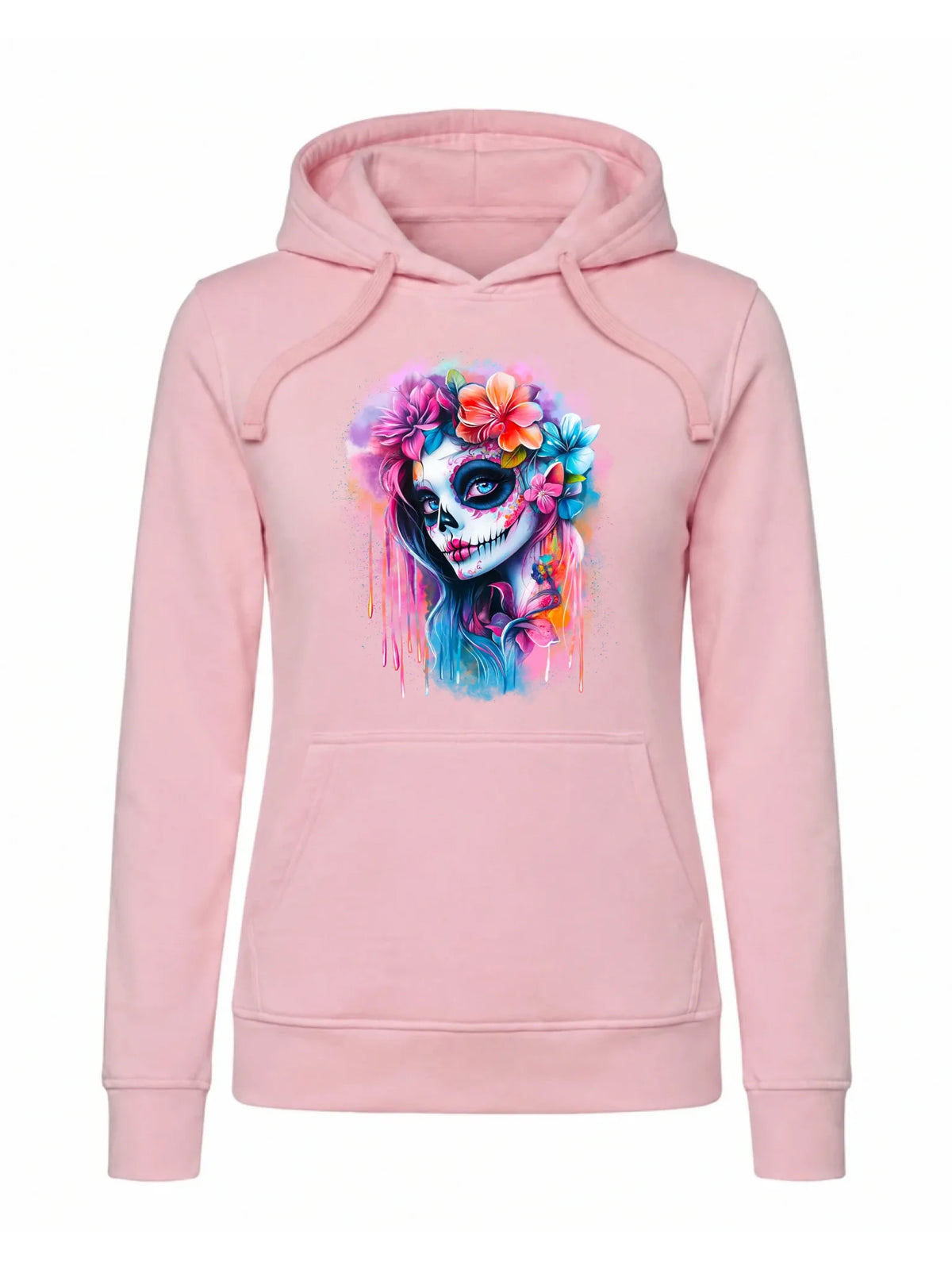 Bluza damska z kapturem Halloween - kolorowa czaszka z kwiatami La Muerte HL05