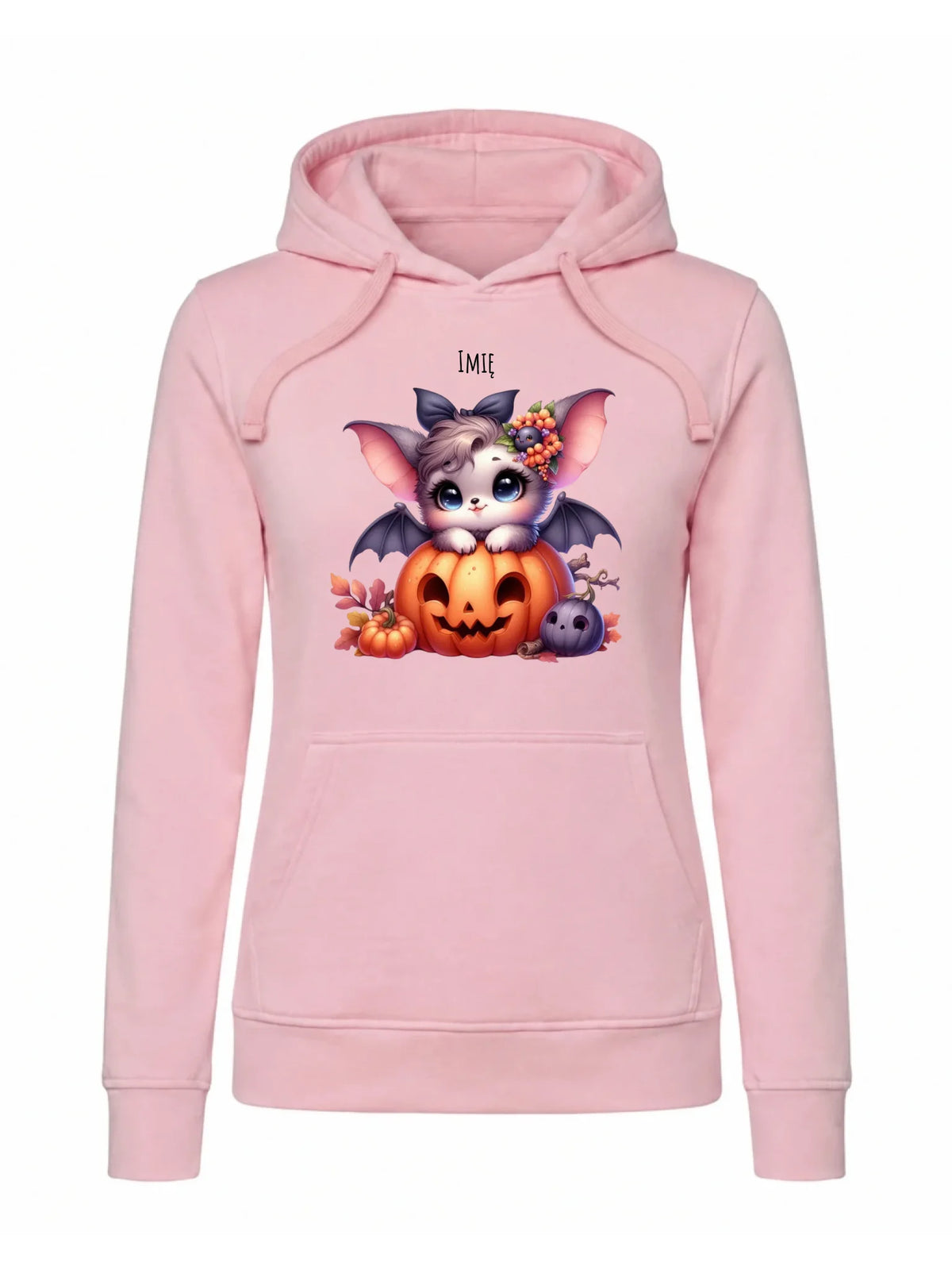 Bluza damska z kapturem halloweenowa - Uroczy nietoperz z dynią - personalizowana HL08