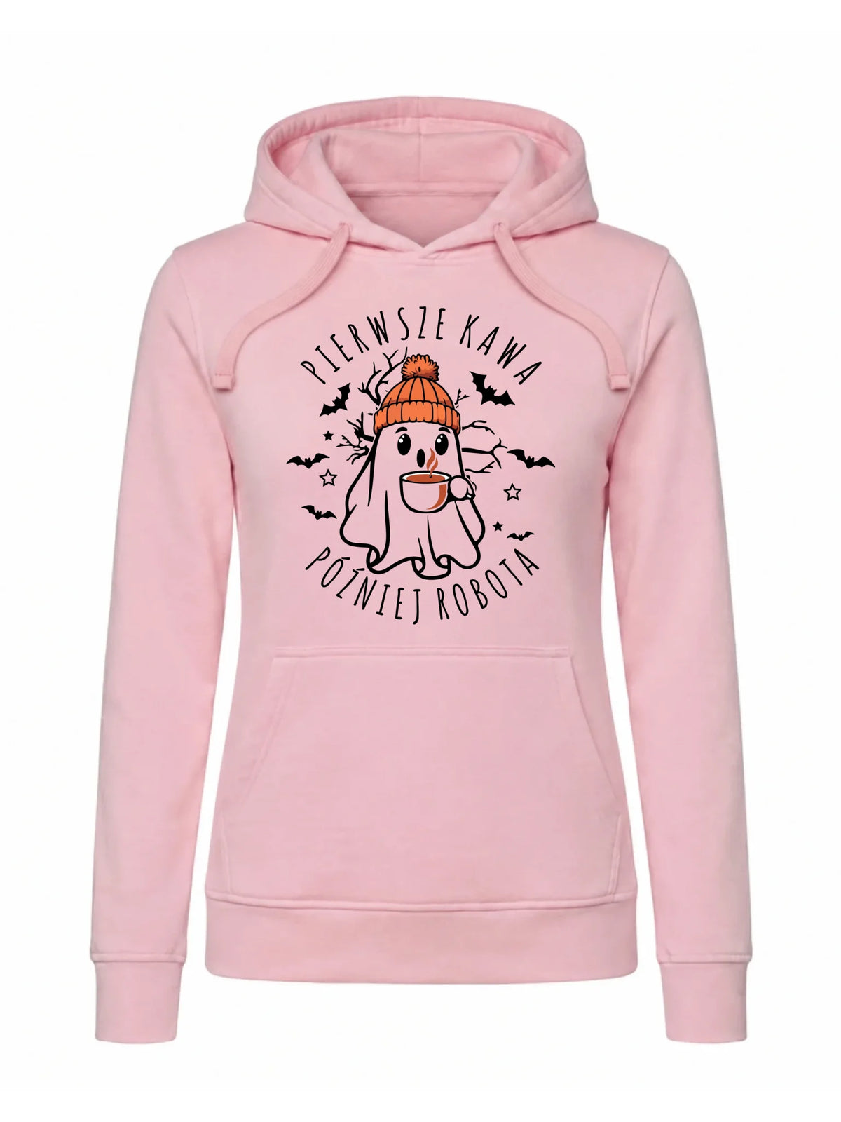 Bluza damska z kapturem na Halloween - Duch z kawą - Pierwsze kawa później robota HL01